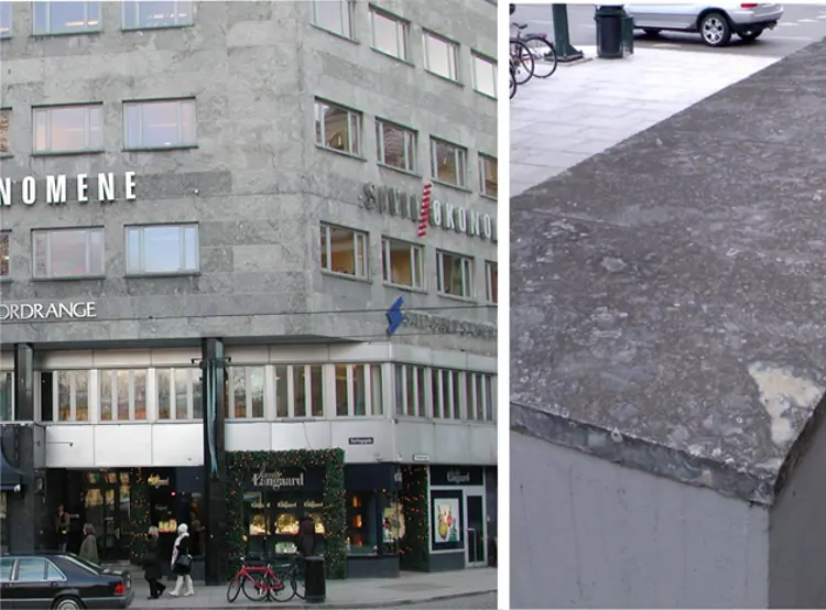 Til venstre: Et korallrev i byen, Stortingsgata 22 kledd fra tredje etasje og oppover med blokker av fossilrik kalkstein fra silurtiden. Steinen er brutt ved Porsgrunn, og hører til Oslofeltet. Vi finner mengder av koraller, sjøliljer og andre dyr som levde i havet for omkring 430 millioner år siden.  Detaljbildet til høyre viser hvordan denne bergarten kan forvitre i bymiljø: En kalksteinsplate fra muren utenfor Stortingsgata 30. Foto: Tom Andersen
