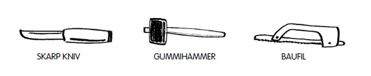 Skarp kniv gummihamer og baufil. Ill: Byggeskikksenteret