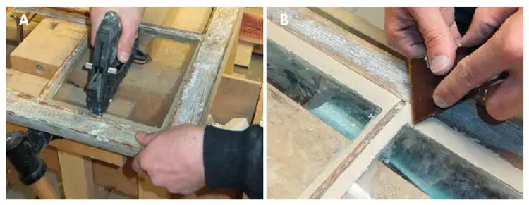 Stifting av glasset til rammen er enklere med en stiftemaskin. Kittet er lettere å arbeide med når det er knadd litt mykere. Boksen kan oppbevares i fryseren, så har den lengre holdbarhet om du ikke bruker alt på en gang. Foto: Byggeskikksenteret