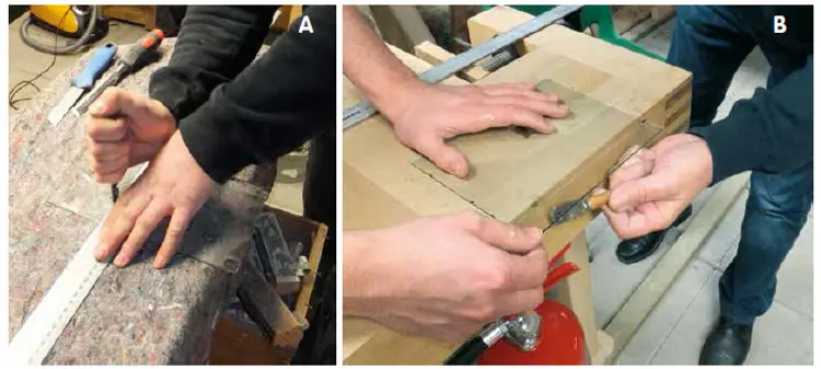 Bruddstedet markeres med en glasskjærer. Glasset deles ved å slå lett fra undersiden. Foto: Byggeskikksenteret