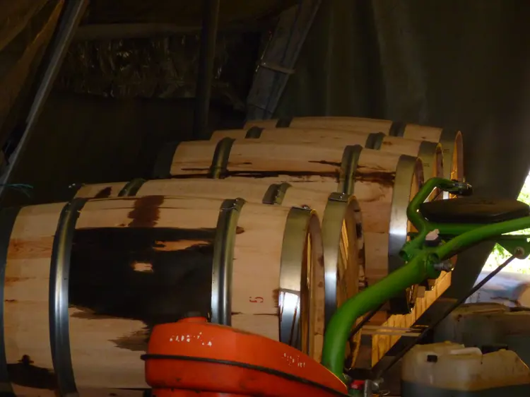 Tønner med tyritjære. Kraftfulle saker som har trukket gjennom tønnebordene. Foto: Christel Wigen Grøndahl, Bygg og Bevar