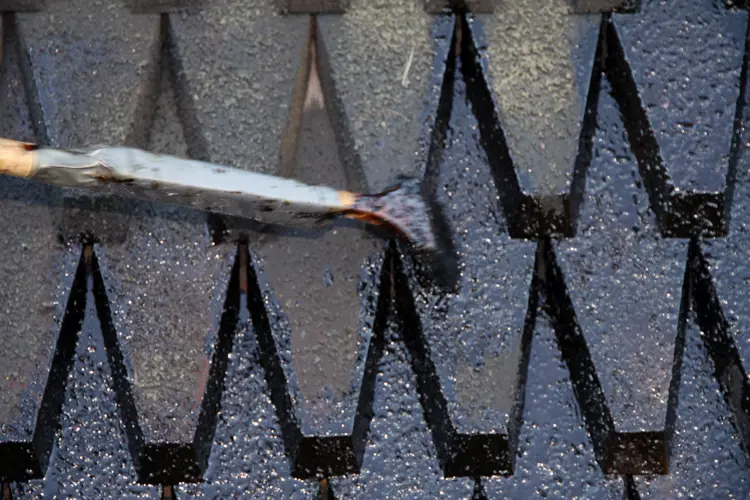 På nært hold kan man tydelig se kullet i tjæra. Ved tjærebreding av Heddal stavkirke i 2005 ble det gjort forsøk med en takflate uten og en med kull. konklusjonen var klar: Kull i tjæra gir bedre holdbarhet! Foto: Christel Wigen Grøndahl, Bygg og Bevar