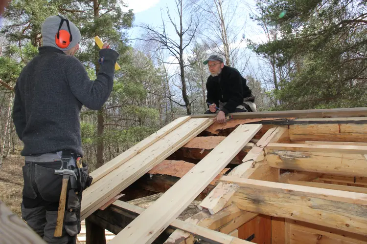 Åsene er lektet opp og raftet hugget noe ned for å gi bordene jevnt underlag. 