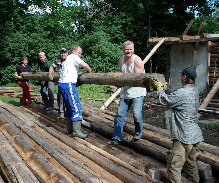 Uunværlig dugnadshelp. De lange stokkene lagres før videre frakt på lastebil. Vær forsiktig slik at skade på laftehodene (og folk) unngås. Takk til alle som var med på dugnad under dette prosjektet. Foto: Norske Hjem