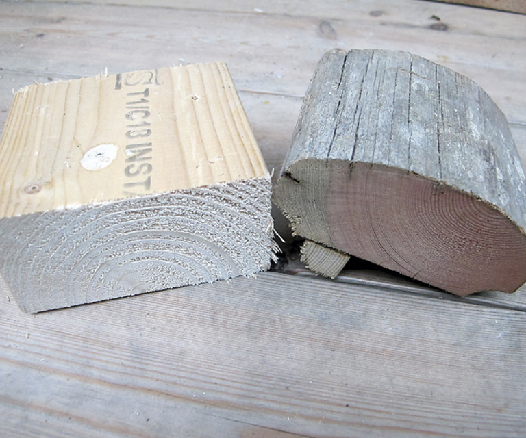 Til venstre ser du en ny lekt, hvor det er lett å telle årringene. Den gamle til høyre er mye tettere i veksten, tyngre og inneholder mer malme. man kan spesialbestille kvalitetsmaterialer også i dag. Foto: Norske Hjem 