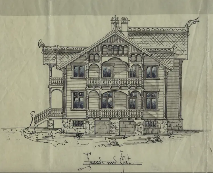 Originaltegning av våningshuset i Vestsjøberget i Trysil, av Ludvig Zapffe. 