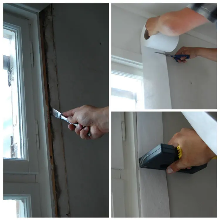 Først fylles tomrommet mellom karm og vegg med linullisolasjon. Deretter dekkes overgangen med dampåpen vindsperreduk, som stiftes fast og dekkes med list. Foto: Bjørge Sandberg-Kristoffersen