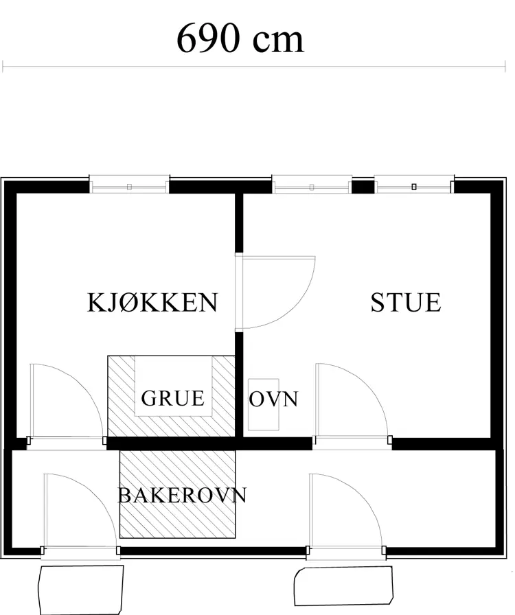 Plantegning av sørlandshus med grue. Ill: Eirik Knudsen