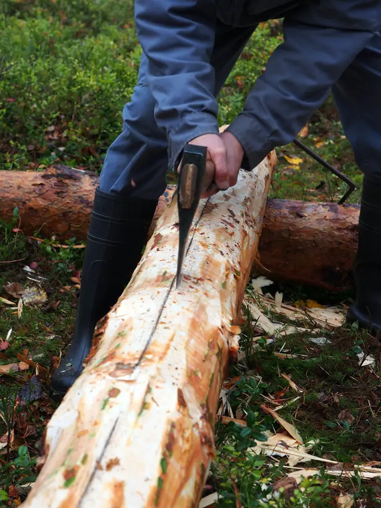 Langs hele stokken hugges et v-formet spor. Foto: Åge Emil Bergquist