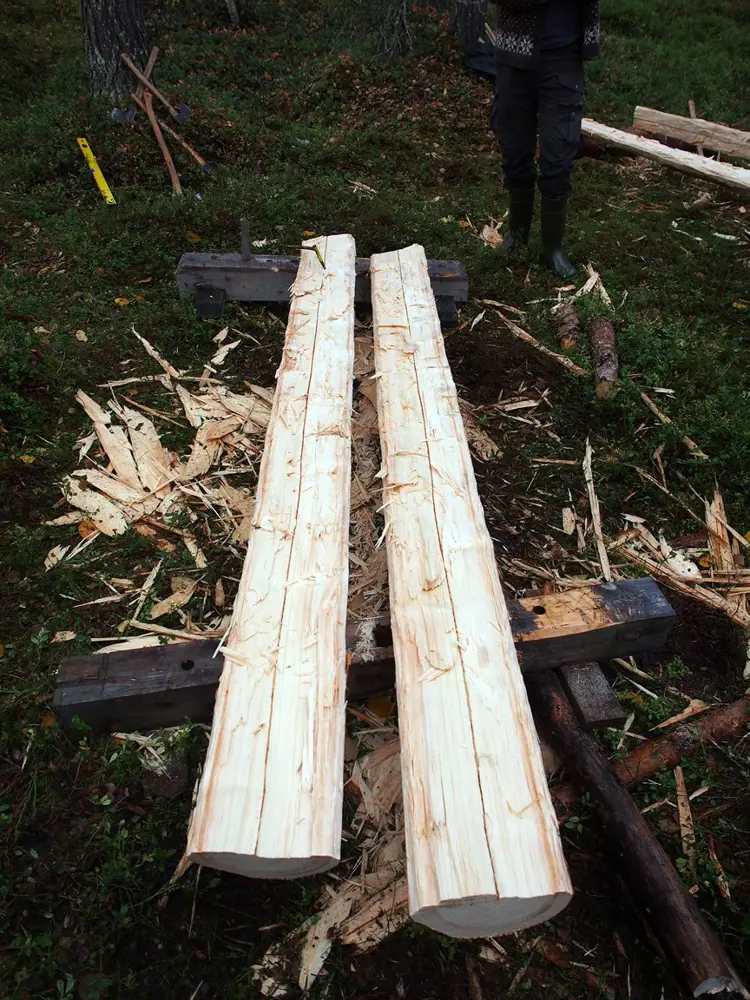 Stokken har delt seg og man har fått to emner til å hugge bord av. Foto: Åge Emil Bergquist