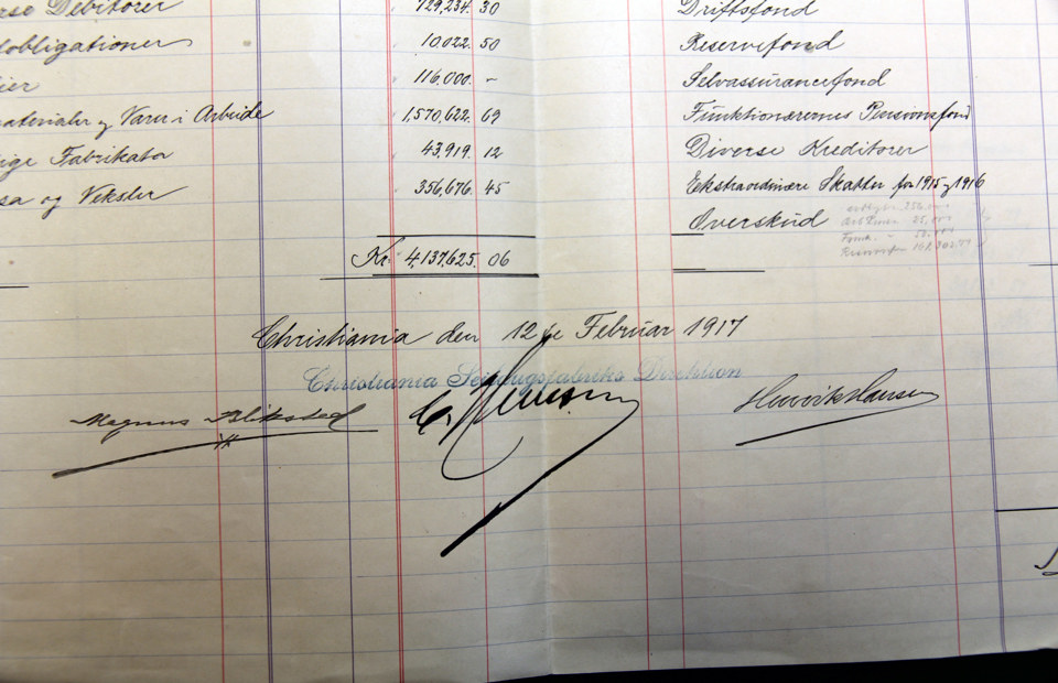 I direksjonsprotokollen er det meste håndskrevet. Det er vakkert, men ikke alltid like enkelt å tolke. Direksjonens underskrifter er flotte og utbyttene ganske romslige. Foto: Bygg og Bevar