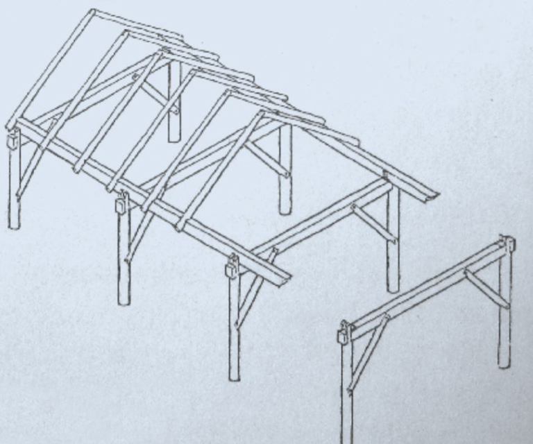 Prinsippskisse av grindbygg. Tegning: Helge Schjelderup, NIKU